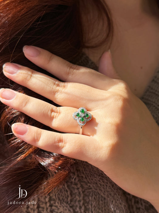 Lucky Green Clover Jade Ring | 幸运翠绿四叶草翡翠戒指