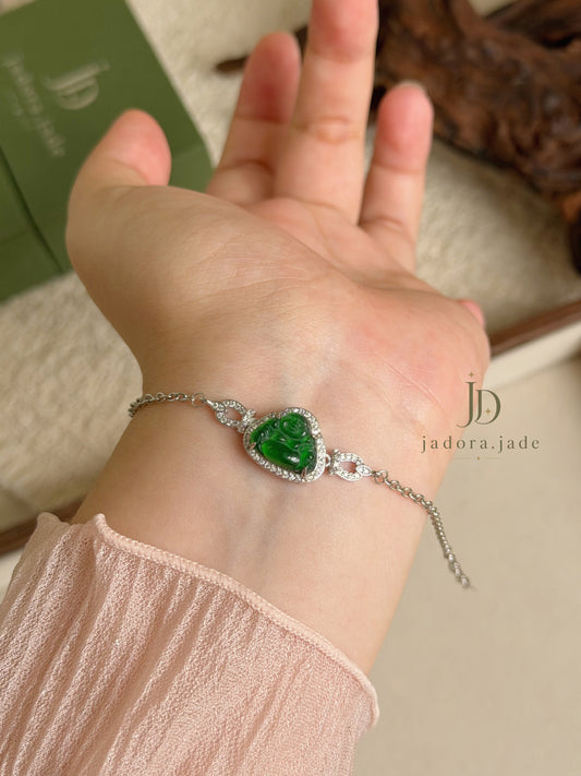 Vivid Green Laughing Buddha Jade Bracelet | 鲜翠绿翡翠笑佛手链